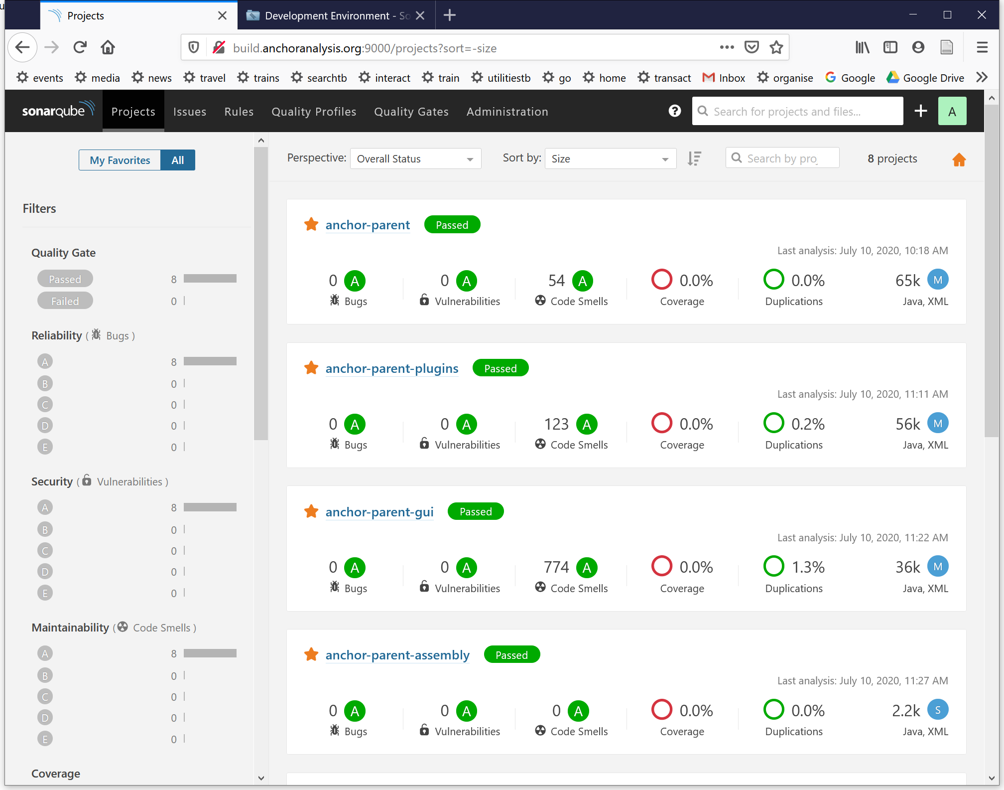 Screenshot of anchor projects in SonarQube